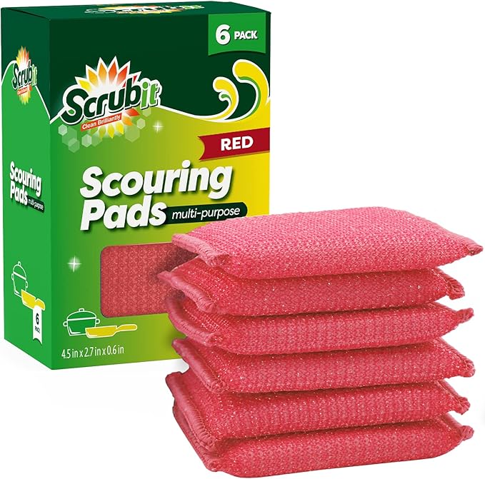 SCRUBIT Multi-Purpose Scouring Pad - Non-Scratch Cleaning Sponges for Pots, Pans, Dishes, Utensils & Non-Stick Cookware - Scrubbing Pads Use for Kitchen, Bathroom - 6 Pack Dish Sponge- (Red)