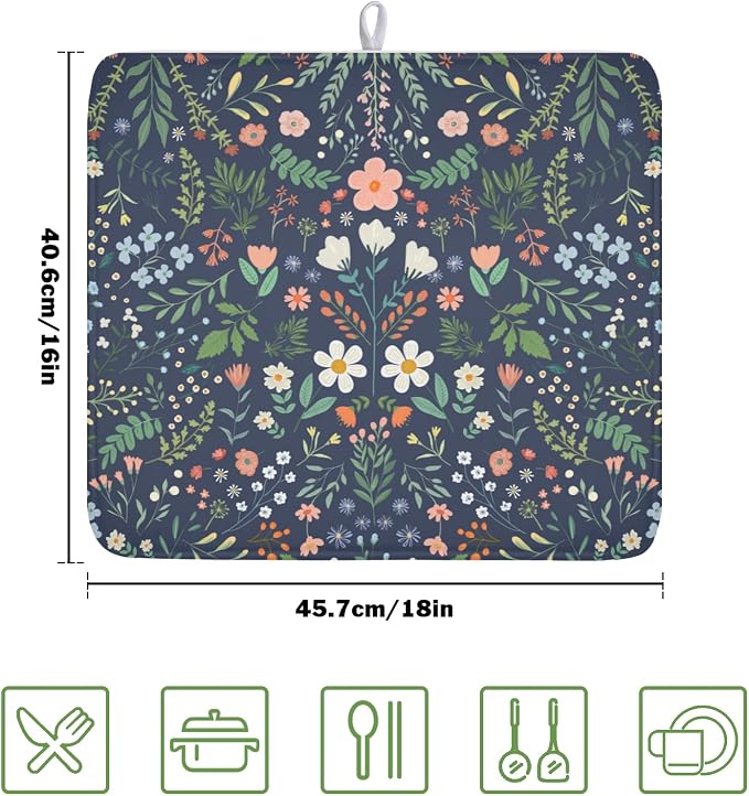 Floral Dish Drying Mat for Kitchen Counter Rustic Flower Leaves Print Microfiber Dish Drainer Mat Farmhouse Floral Absorbent Washable Drying Pad 16"x18"
