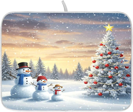 Christmas Tree and Snowman Dish Drying Mat for Kitchen Counter Absorbent Microfiber Large Winter Snowflakes Drying Pad Dish Mats for Kitchen Countertops 18 x 24 Inch