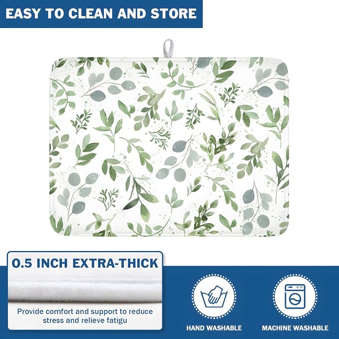 Spring Summer Sage Green Leaves Dish Drying Mat 16x18 Inch | Eucalyptus Leaf，Polyester，Absorbent Microfiber，for Kitchen Coffee Dining Bar Decor