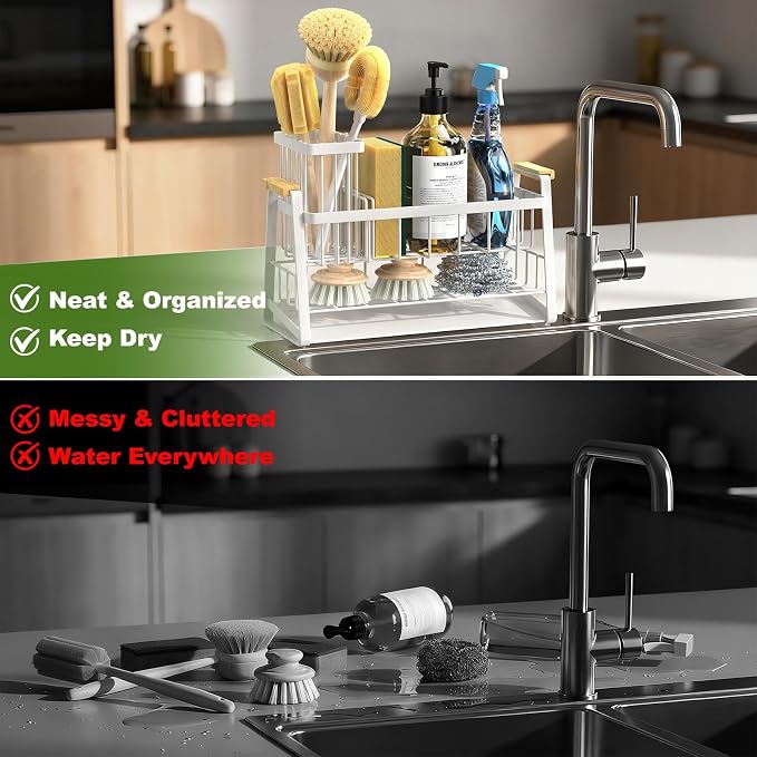 Housolution Sponge Holder for Kitchen Sink, 2-Tier Sink Caddy Organizer with Flexible High Brush Holder, Kitchen Countertop Storage Accessories, Soap Dispenser Organizer, Rustproof, White