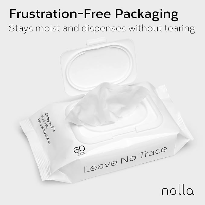 Nolla Flushable Wipes Bulk Pack - 100% Plant-Based and Biodegradable - Soft, Unscented + Soothing Aloe and Vitamin E - For Adults and Kids 2,400 Count (40 Packs of 60)