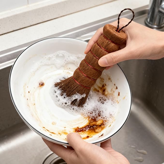 1 Pack Palm Dish Brush, Natural Palm Fiber Scrub Brush for Washing Dishes, Pots & Pans - Soft, Dense Bristles Non-Scratch, Hanging Loop for Easy Storage, Ideal for Kitchen Cleaning