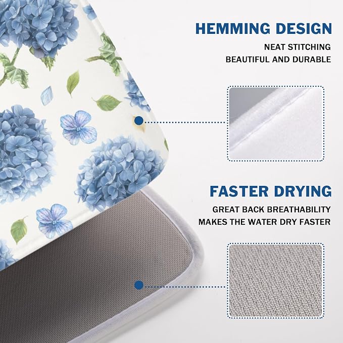Spring Summer Blue Floral Dish Drying Mat 18x24 Inch | Hydrangea ，Polyester，Absorbent Microfiber，for Kitchen Coffee Dining Bar Decor