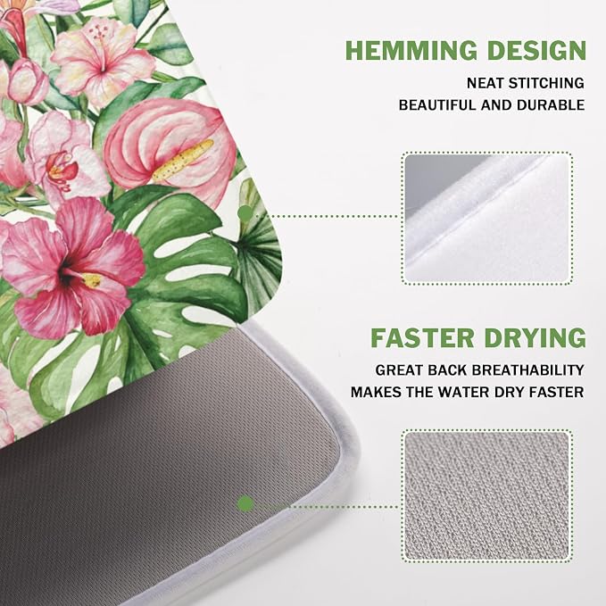 Floral Hibiscus Dish Drying Mat for Kitchen Counter 16x18 Inch | Floral，Polyester，Absorbent Microfiber，for Coffee Dining Bar Decor