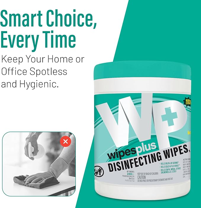WIPESPLUS Disinfecting Surface Wipes Canister Bleach Free with Lemon Scent for Home and Business, 240 Count