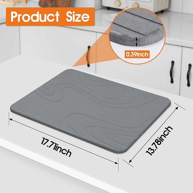 Snuggery Stone Drying Mat for Kitchen Counter - 18"x14" Dirt-Resistant Quick Drying Fast Absorbent Non-Slip Diatomite Mat, Natural Diatomaceous Earth Dish Drying Pad for Dish Rack(Dark Grey)