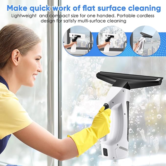 Window Vacuum Squeegee Cordless, 3-in-1 Electric Window Cleaner Tool with 2200Pa Strong Suction, 2200mAh Rechargeable Battery & 200ml Water Tank, Streak-Free for Shower Doors, Mirrors, Car, Windows