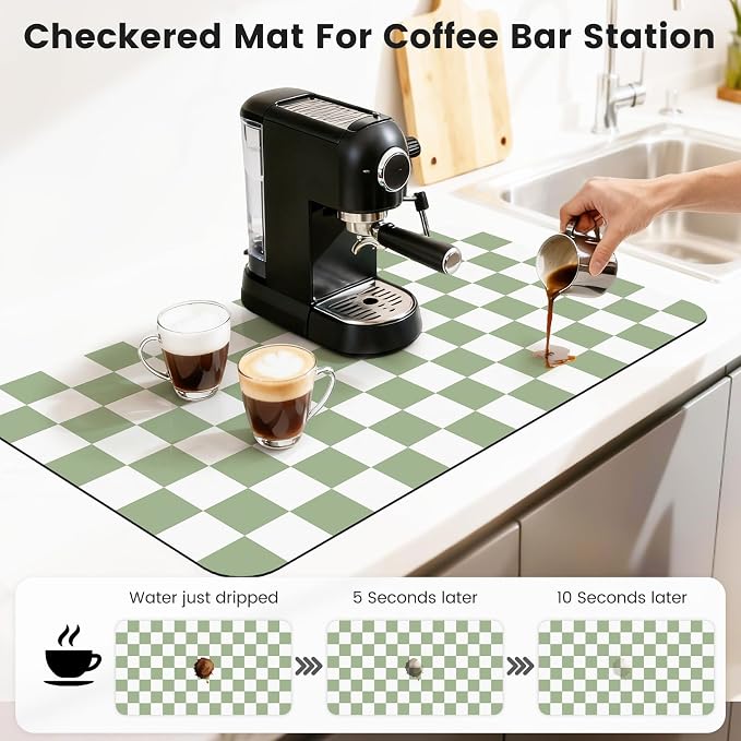 Checkered Dish Mat for Kitchen Coffee Station, 17" x 32" Sage | Quick Drying & Absorbent Mat for Coffee Bar Espresso Machine Countertops Accessories