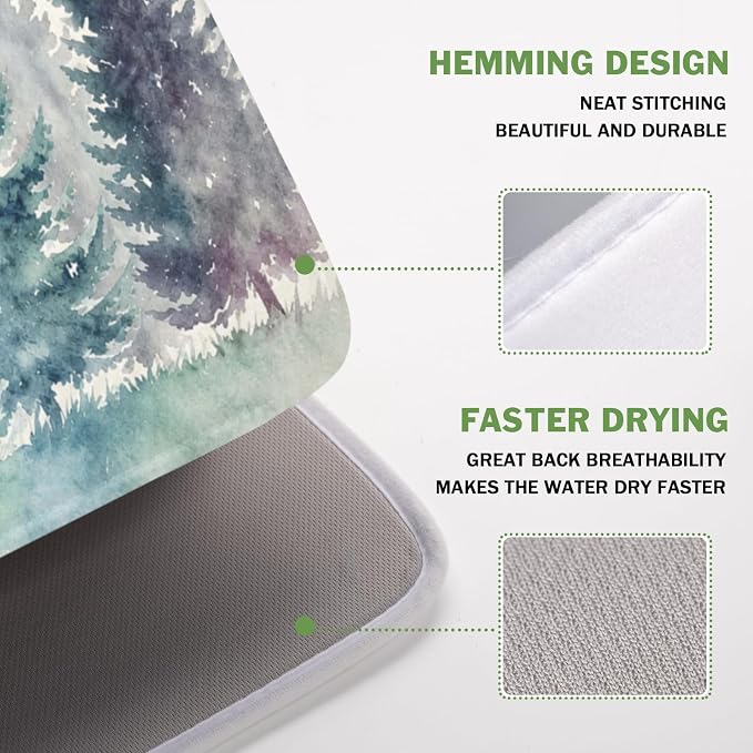 Giwawa Pine Tree Dish Drying Mat Natural Forest Fog Microfiber Dishes Pad 16x18 Inch Absorbent Fast Dry Dish Drainer Rack Mats for Kitchen Counter