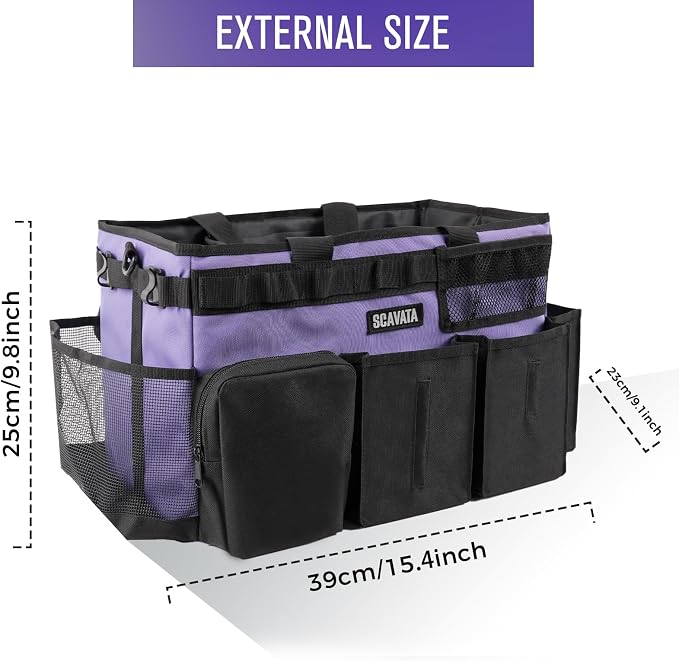 SCAVATA Wearable Cleaning Caddy Bag, Cleaning Caddy Supplies Organizer with Handle & Shoulder Straps for Housekeepers, Under Sink & Car Cleaning Tool Organizers with 4 Foldable Divider (Purple)