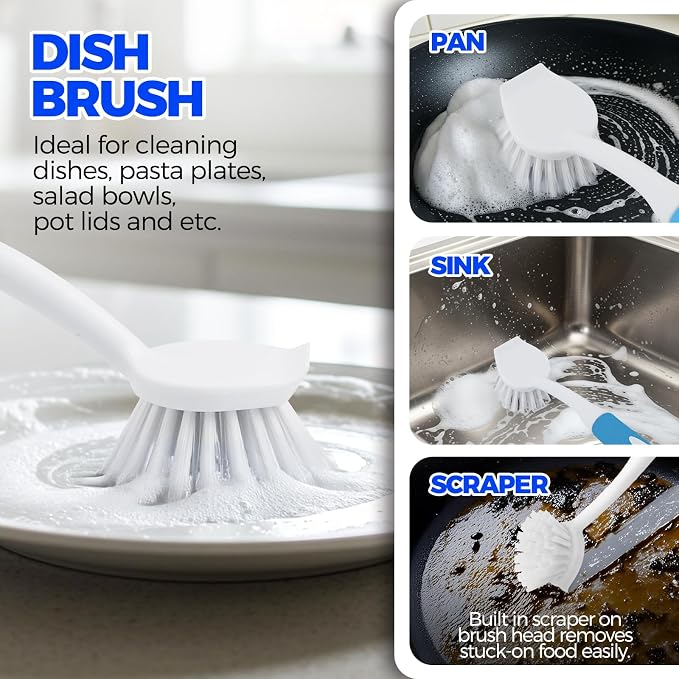 Holikme 6 Pack Dish Brush Set with Bottle Brush, Dish Scrub Brush, Pan Brush and 3 Straw Brushes, Deep Cleaning Handle Brush with Scraper Tip for Kitchen Sink Dishes Bottle Cup Pot and Pans (Azul)