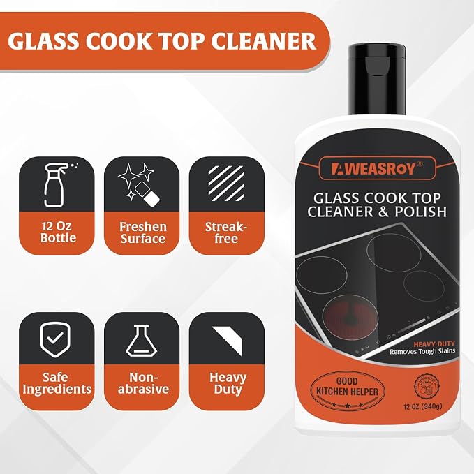 AWEASROY 20pcs Glass Stove Top Cleaner Kit - 12 oz Cooktop Cleaner Polish, Non-Abrasive No Scratch, Removes Tough Stains, Includes Scrubbing Pad, Scraper & Microfiber Cloth for Smooth Glass Surfaces