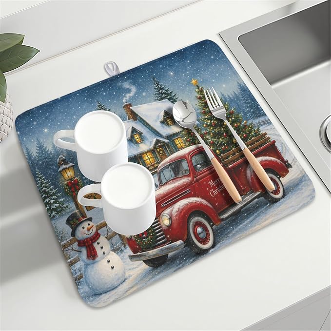 Merry Christmas Dish Drying Mat for Kitchen Counter 16x18 Inch Snowman Truck Dish Drainer Mat Absorbent Microfiber Winter Snowflake Dish Rack Pad for Coffee Dining Bar Decor