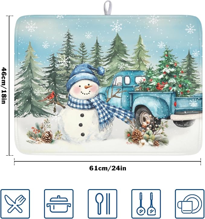 Giwawa Winter Snowman Blue Dish Drying Mat Xmas Truck Dishes Pad 18"x24" Microfiber Absorbent Drainer Rack Mats Protector for Kitchen Counter Sink