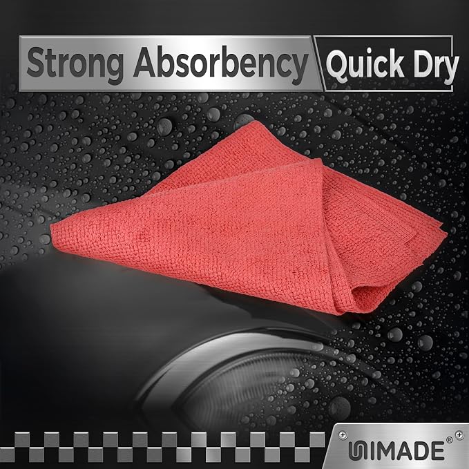 UNIMADE Shop Towels, 100 Pack Commercial Grade Work Rags Microfiber Towels for Cars Cleaning Rag Bulk Detailing Cloth for Automotive Bar Mechanic Restaurant Garage Housekeeping, 11.5"x 11.5", Red