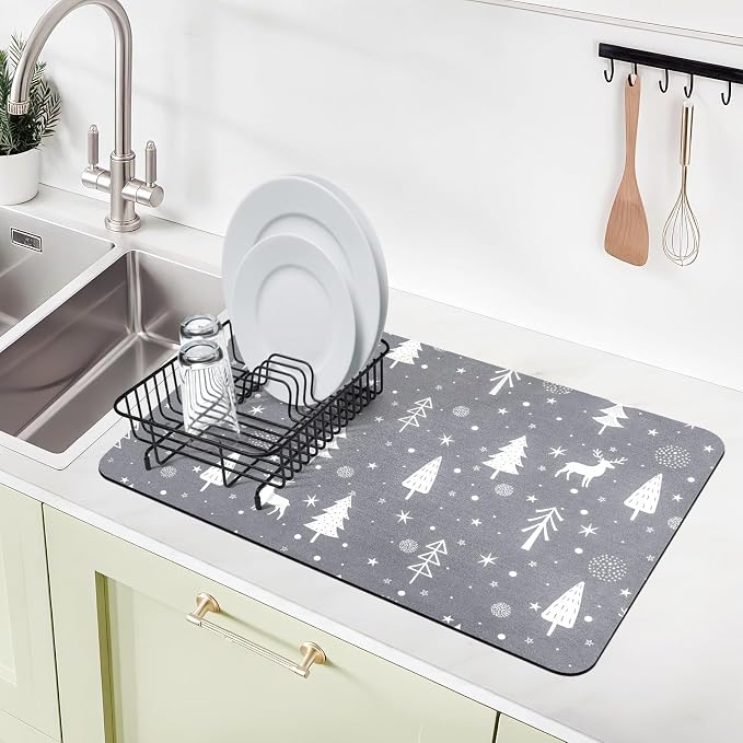 Christmas Dish Drying Mat, 16" x 24" Drying Mat for Kitchen Counter, Super Absorbent Coffee Mats Fits Under Coffee Maker, Kitchen Accessories for Espresso Machine, Gray