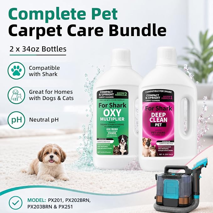 Carpet Cleaner Set Compatible with Shark Deep Clean Pet + OXY Multiplier | Two-bottle System; 68oz Total; Deep Clean Formula + OXY Booster Work Together for Pet Stains, Odors, Rugs & Upholstery
