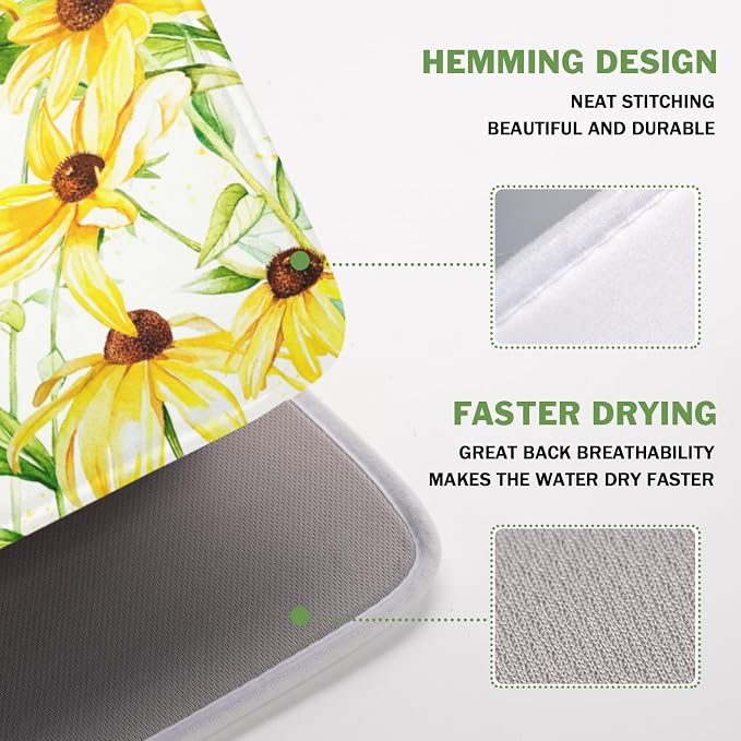 Yellow Sunflower Dish Drying Mat for Kitchen Counter 16x18 Inch | Floral，Polyester，Absorbent Microfiber，for Coffee Dining Bar Decor