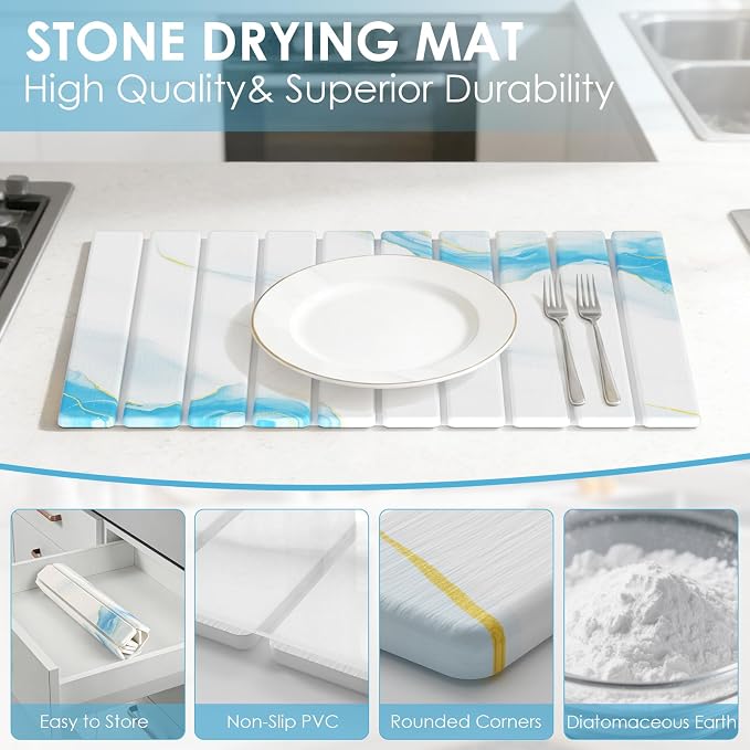 4-Piece Large Stone Dish Drying Mat for Kitchen Counter, 24"x16" Super Absorbent Diatomaceous Earth Drying Mat Set with Faucet Mat & Small Utility Mat, Rollable Quick Dry Pad for Dishes, Cups, Bottles