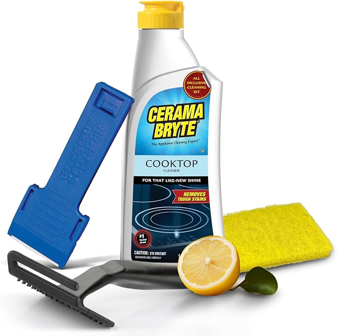 Cerama Bryte Cooktop Cleaning Kit, 10 oz Bottle, Scraper, Tool & Pad