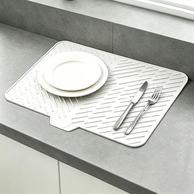 Silicone Dish Drying Mat for Kitchen Counter,23"X17" With Built-in Drain Lip,Food-Grade Silicone,Heat-Resistant Eco-friendly Hygienic Drying Mat Leak-Proof and Non-Slip,Multi-Functional Use（White）
