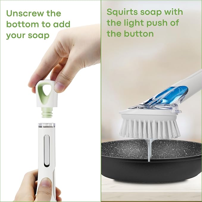 RIMAY Dish Brush with Soap Dispenser, Dish Washing Brush with Handle, Soap Dispensing Dish Brush, Soap Brush for Kitchen Sink, Dish Wand Kitchen Brushes for Dishes/Pans/Pots/Sink (White)