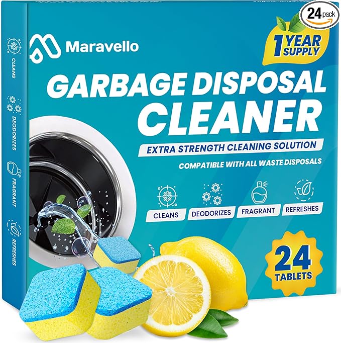 Garbage Disposal Cleaner and Deodorizer 24 Tablets: Maravello Sink Foaming Garbage Disposer Freshener - Kitchen Drain Cleaning Pods with Lemon Fresh Formula - 1 Year Supply