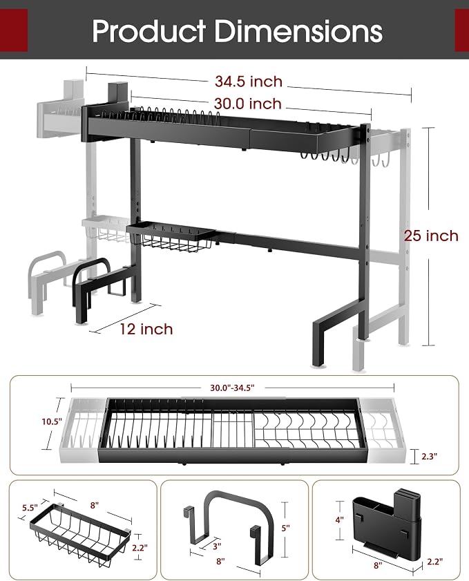 Sakugi 2-Tier Dish Drying Rack Over The Sink, Expandable for Counter | Rustproof Stainless Steel Kitchen Storage Accessories, Space-Saving 30"–34.5"Lx12"Wx25"H, Black
