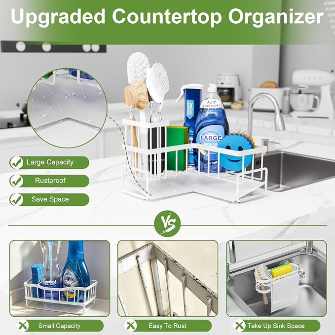 Fikoksol Large Sponge Holder for Kitchen Sink, 90-Degree Sink Caddy Organizer with Dish Brush Holder for Countertop Corner Storage Rack, White Metal L Kitchen Sink Sponge Soap Organizer Storage Ideas