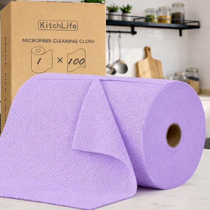 KitchLife Microfiber Cleaning Cloth Roll, 100 Pack - Tear-Away Microfiber Paper Towels, Lint-Free, Reusable, Washable for Kitchen, Car, Dishes, and Sensitive Surfaces (Light Purple)