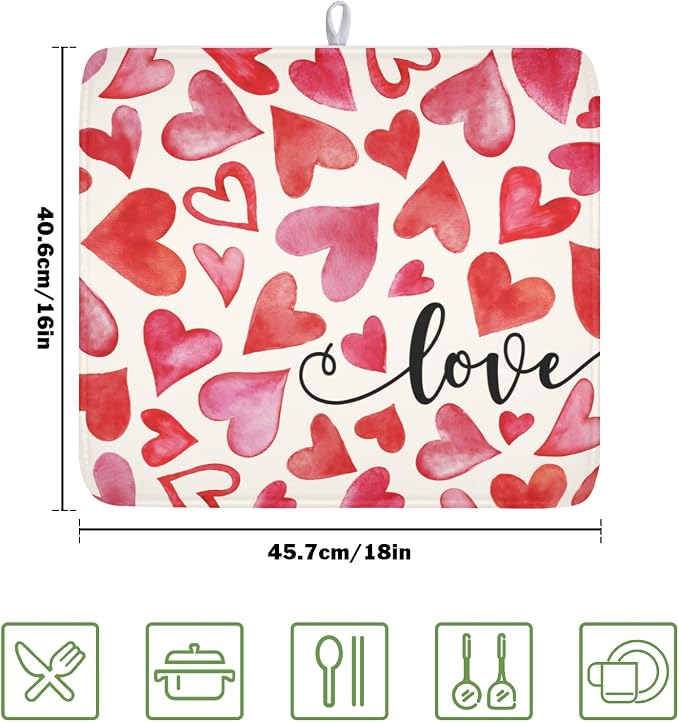 Valentine's Day Red and Pink Heart Dish Drying Mat 16x18 Inch | Polyester，Absorbent Microfiber，for Kitchen Coffee Dining Bar Decor
