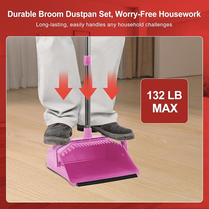 Tiumso Broom with Dustpan Combo Set, 51'' Broom and Dustpan Set, Brooms and Dust Pan with Handle, Brooms with Standing Dustpans, House Broom for Pets Hair and Floor Cleaning - Pink