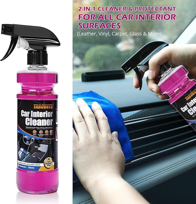 Car Interior Cleaner –Polishing Cleaner-Multi-Surface Auto Detailing for Leather, Glass, Dashboards & More – Dual-Mode Foam & Mist Spray (17oz) with Cleaning Towel
