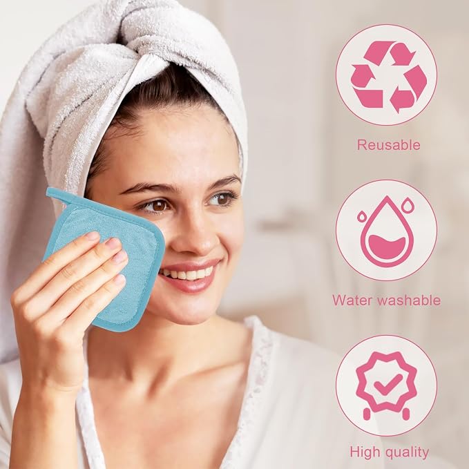 Puomue Makeup Remover Cloth 12 Pack, Ultra Soft and Reusable Microfiber Makeup Remover Towels for All Skin Types, Perfect Face Towels for Women, 6 Inch X 6 Inch, Blue