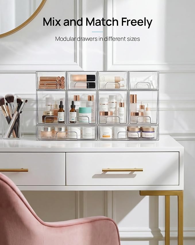 Vtopmart 4 Pack Small Clear Stackable Storage Drawers,Acrylic Bathroom Makeup Organizer,Plastic Storage Bins for Vanity, Undersink, Kitchen Cabinets, Pantry, Home Organization