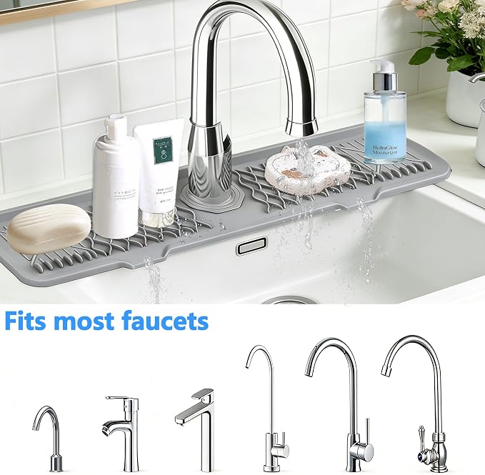 EBIGIC 24 Inch Silicone Faucet Mat for Kitchen Sink, 7° Slope Fast Self-Draining Sink Splash Guard, Kitchen Sink Water Catcher Organizer, Kitchen Sink Accessories (Gray, 24''x5.6'')