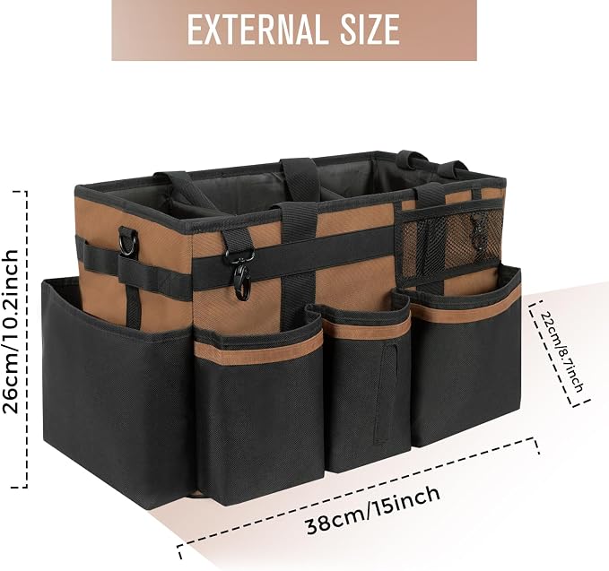 SCAVATA Wearable Cleaning Caddy, Cleaning Caddy Supplies Organizer with Handle & Shoulder Straps for Housekeepers, Under Sink & Car Cleaning Tool Organizers Bag with 4 Foldable Divider (Brown)