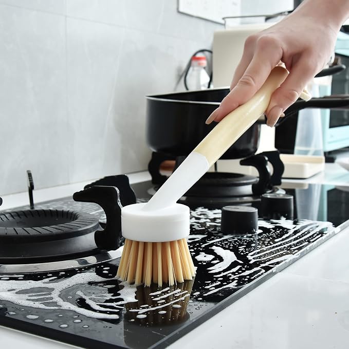 ALINK Dish Brush with Handle and 3 Replacement Heads, Pot and Pan Cleaning Scrub Brush for Kitchen, Sink, Stove, Cast Iron Scrubber