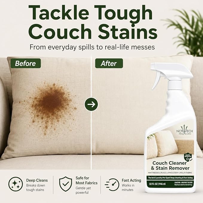 NOYATECH Couch Cleaner & Stain Remover Spray | Non-Toxic Cleaner | Pet Safe & Kid Safe | Upholstery, Sofas, Mattresses, Car Seats & Fabric | Quick-Drying | 32 oz