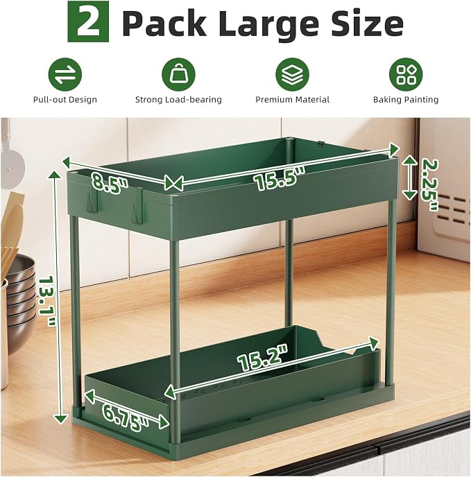 Simple Trending Under Sink Organizer 2 Pack, Sink Pull-Out Sliding Storage Cabinet, 2-Tier Under Shelf Organizer for Kitchen Bathroom, Green
