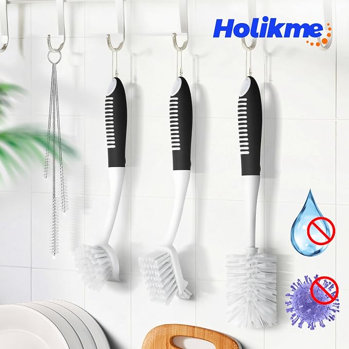 Holikme 6 Pack Dish Brush Set with Bottle Brush, Dish Scrub Brush, Pan Brush and 3 Straw Brushes, Deep Cleaning Handle Brush with Scraper Tip for Kitchen Sink Dishes Bottle Cup Pot and Pans (Black)