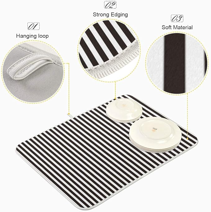 Black Striped White Dish Drying Mat for Kitchen, Absorbent Microfiber Drying Pad Dish Mat, 24" X 18"