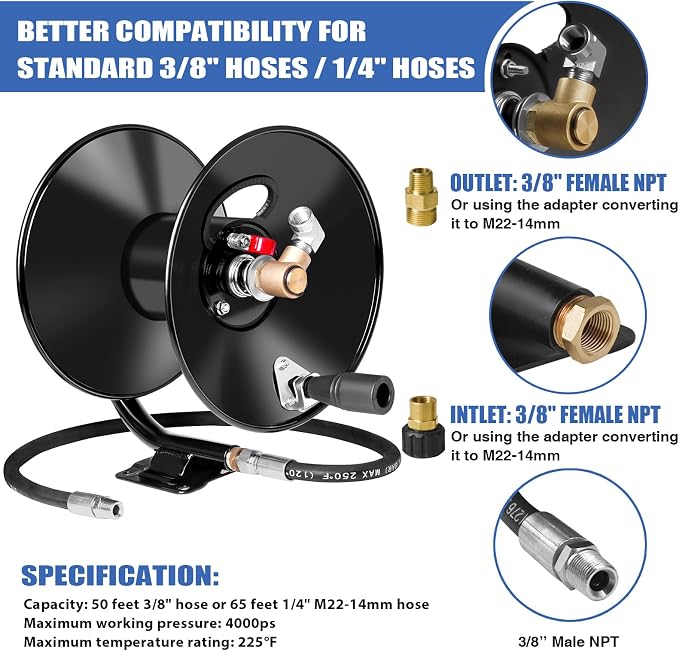 MEKOH Pressure Washer Hose Reel 50ftx3/8” / 65ftx1/4”, 4000PSI Heavy Duty Power Washer Hose Reel with M22-14 Fitting, Hand Crank Metal Reel with Wall/Trailer/Van Mount, Manual Hose Reel for Water