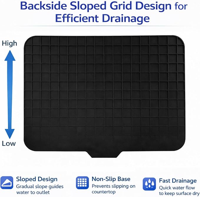 Large Silicone Dish Drying Mat – 23"x17" Sloped Sink Draining Tray with Sponge Holder for Kitchen Counter, Angled Surface for Water Drainage, Silicone Rack Mat with Drain Lip(Black)