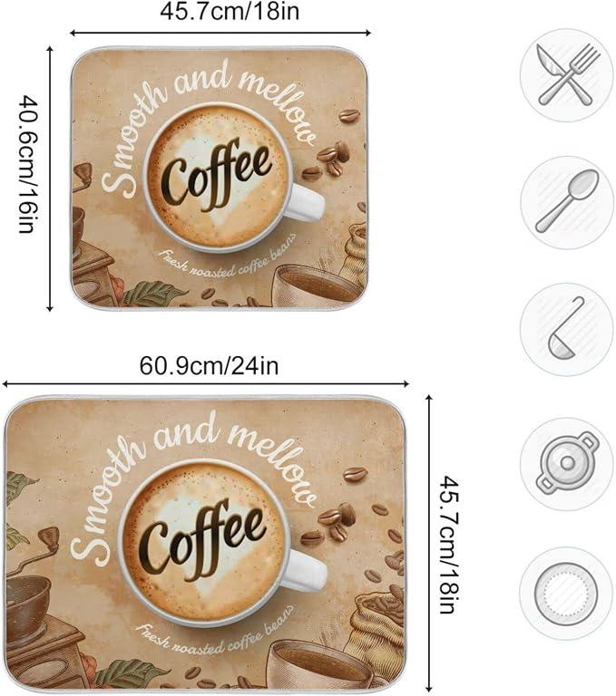 Super Absorbent Dish Drying Mat, Microfiber Fast-Drying Dish Mat, 24" x 18", Kitchen Dish Drying Pad, Coffee Cup Retro Brown