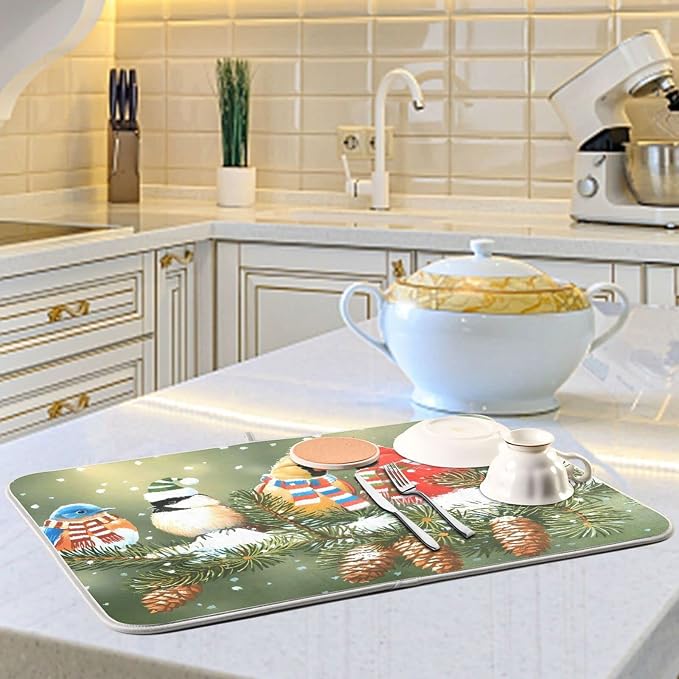 Absorbent Dish Drying Mat for Kitchen Counter - Christmas Birds Snow Microfiber Drying Pad, Reversible Drainer Mats for Countertop, Small 16" x 18"
