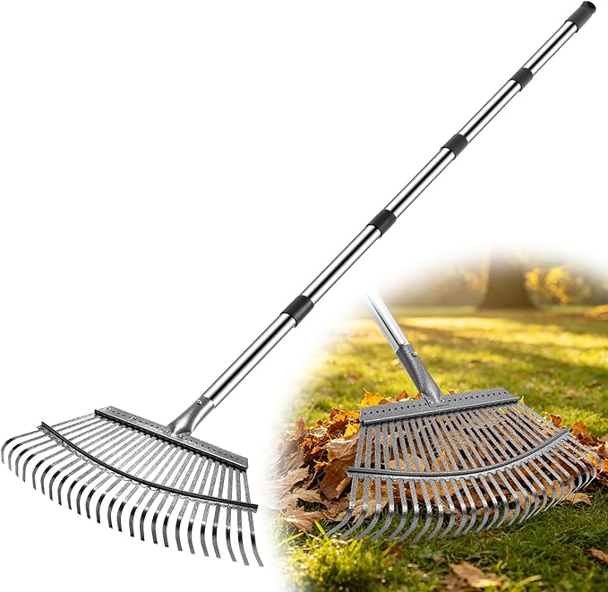 Heavy Duty Garden Rake, Metal Leaf Rake with 73 Inch Adjustable Handle and 25 Tines for Lawn, Yard, Garden Beds, Leaves, Debris and Shrubs