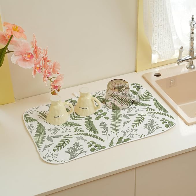 Sage Green Herb Leaves Dish Drying Mat 18 x 24 Inch Vintage Sage Green Leaf Plant Drying Mat for Kitchen Counter Absorbent Spring Summer Botanical Dishes Dry Pad for Drainer Rack Kitchen Fast Dry
