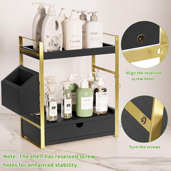 2-Tier Bathroom Counter Organizer with Drawer and Basket, Wood Countertop Organizer for Storage, Skincare Organizers for Vanity, Counter Shelf for Bathroom Organization(Black-Gold)